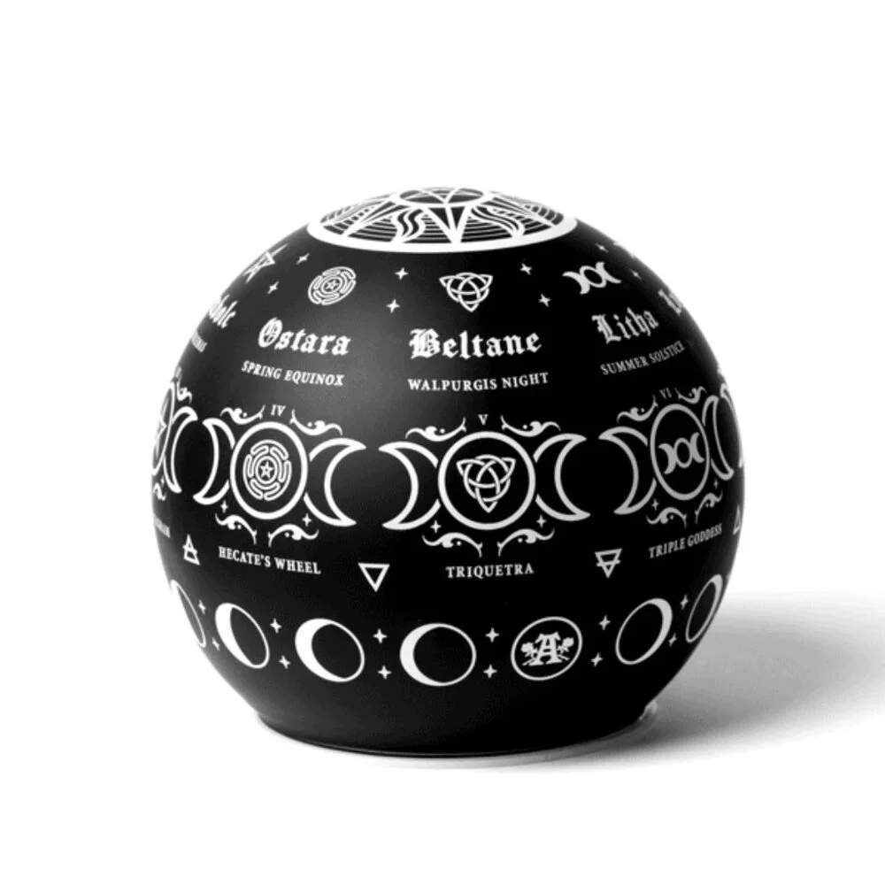 Alchemy Gothic Pagan Calendar LED Globe Light Black Glass Etched Symbols NIB